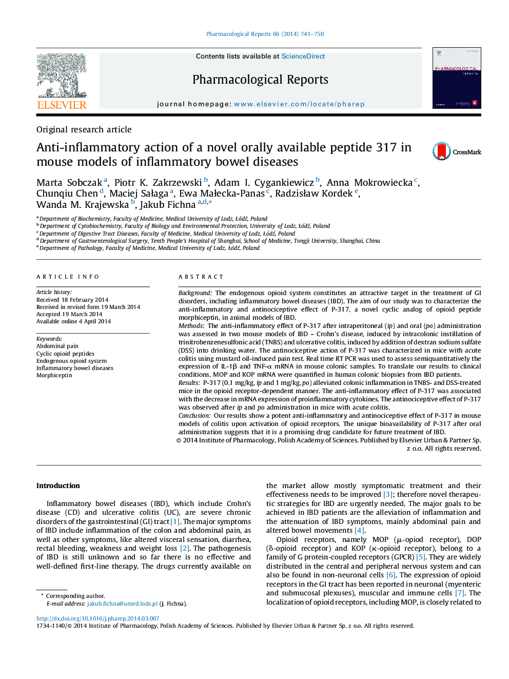 Anti-inflammatory action of a novel orally available peptide 317 in mouse models of inflammatory bowel diseases