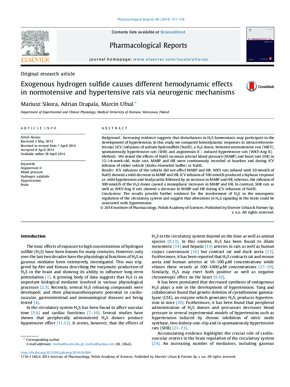 Exogenous hydrogen sulfide causes different hemodynamic effects in normotensive and hypertensive rats via neurogenic mechanisms