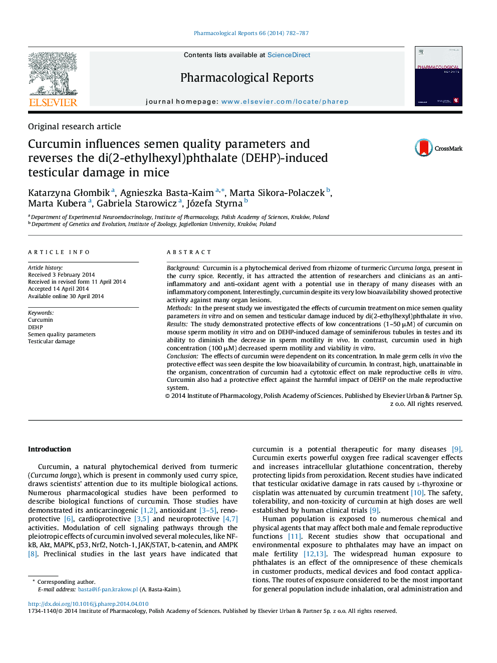 Curcumin influences semen quality parameters and reverses the di(2-ethylhexyl)phthalate (DEHP)-induced testicular damage in mice