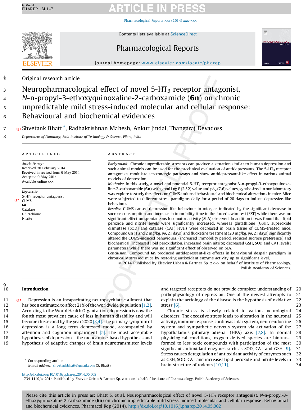 Neuropharmacological effect of novel 5-HT3 receptor antagonist, N-n-propyl-3-ethoxyquinoxaline-2-carboxamide (6n) on chronic unpredictable mild stress-induced molecular and cellular response: Behavioural and biochemical evidences