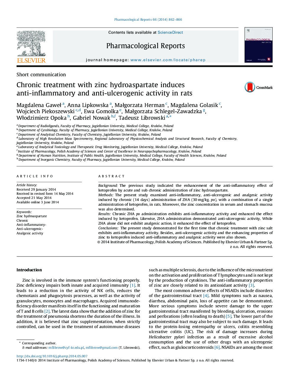 Chronic treatment with zinc hydroaspartate induces anti-inflammatory and anti-ulcerogenic activity in rats