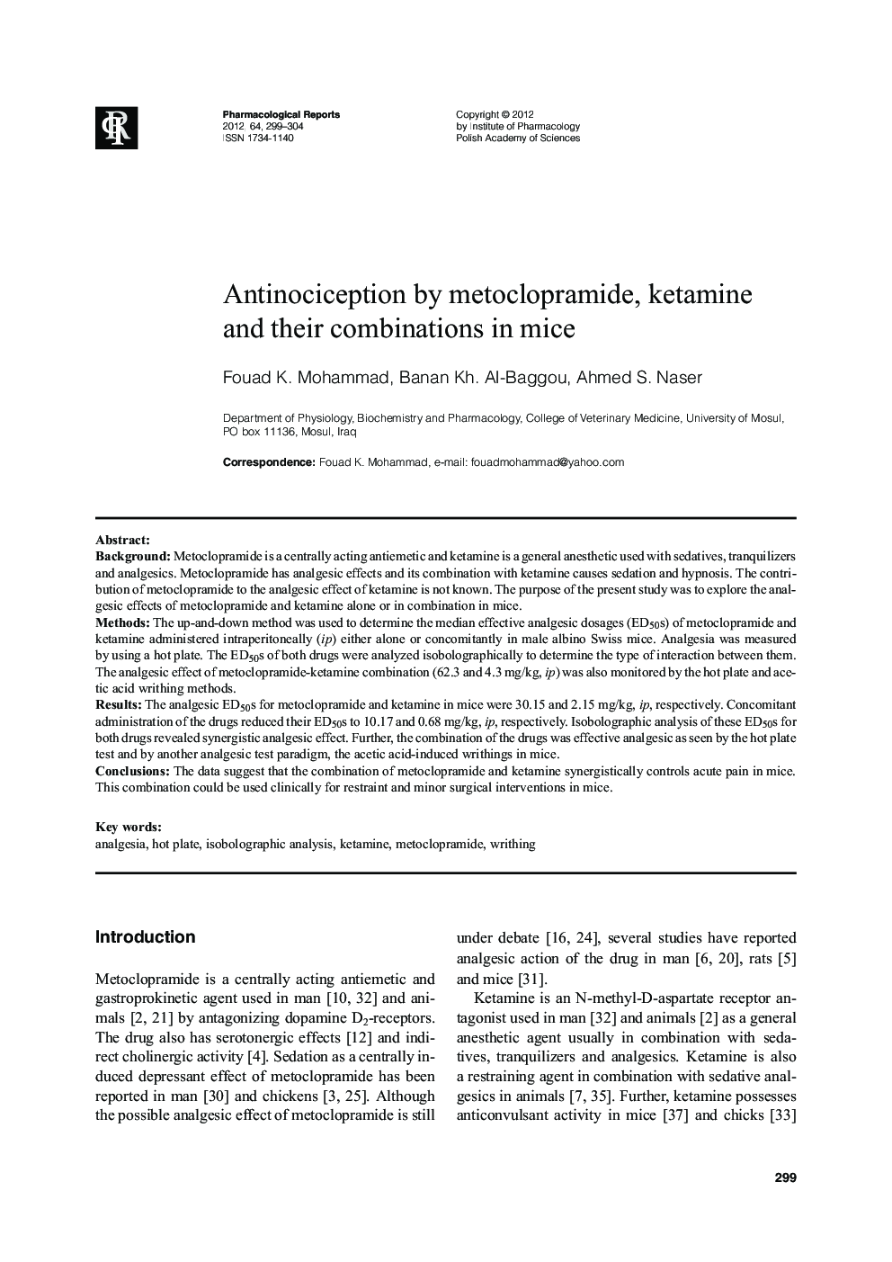 Antinociception by metoclopramide, ketamine and their combinations in mice