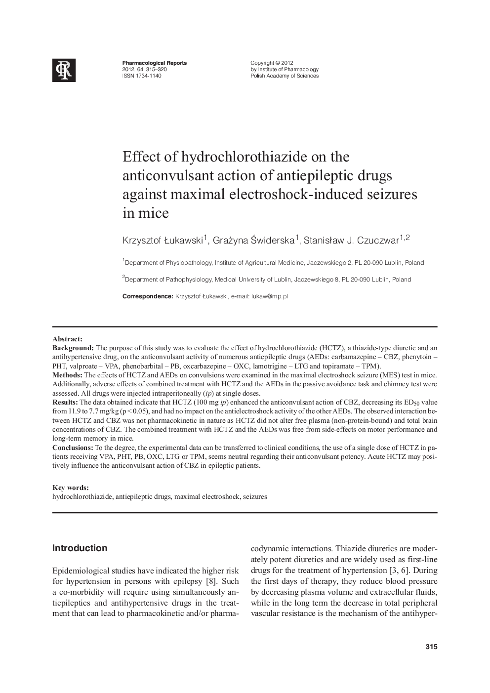 Effect of hydrochlorothiazide on the anticonvulsant action of antiepileptic drugs against maximal electroshock-induced seizures in mice