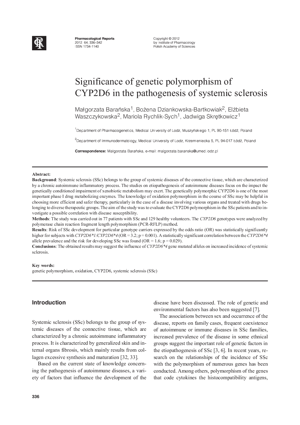 Significance of genetic polymorphism of CYP2D6 in the pathogenesis of systemic sclerosis