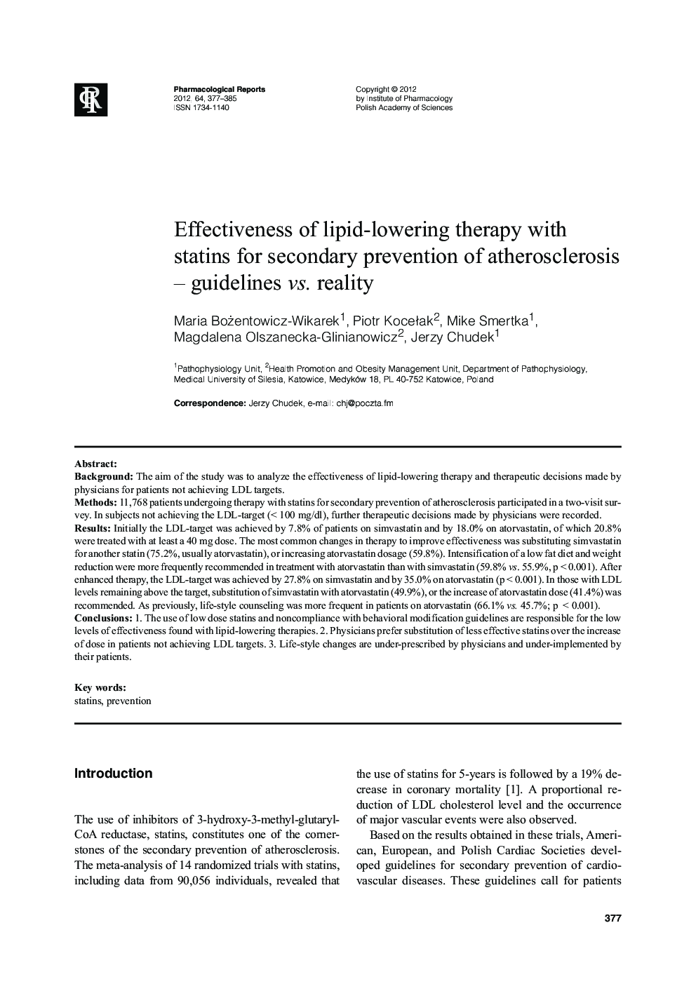 Effectiveness of lipid-lowering therapy with statins for secondary prevention of atherosclerosis – guidelines vs. reality