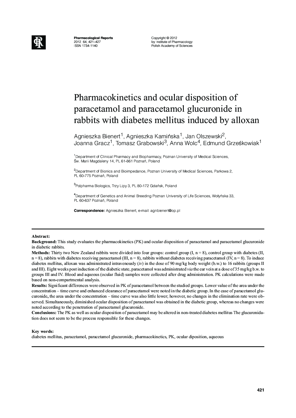 Pharmacokinetics and ocular disposition of paracetamol and paracetamol glucuronide in rabbits with diabetes mellitus induced by alloxan