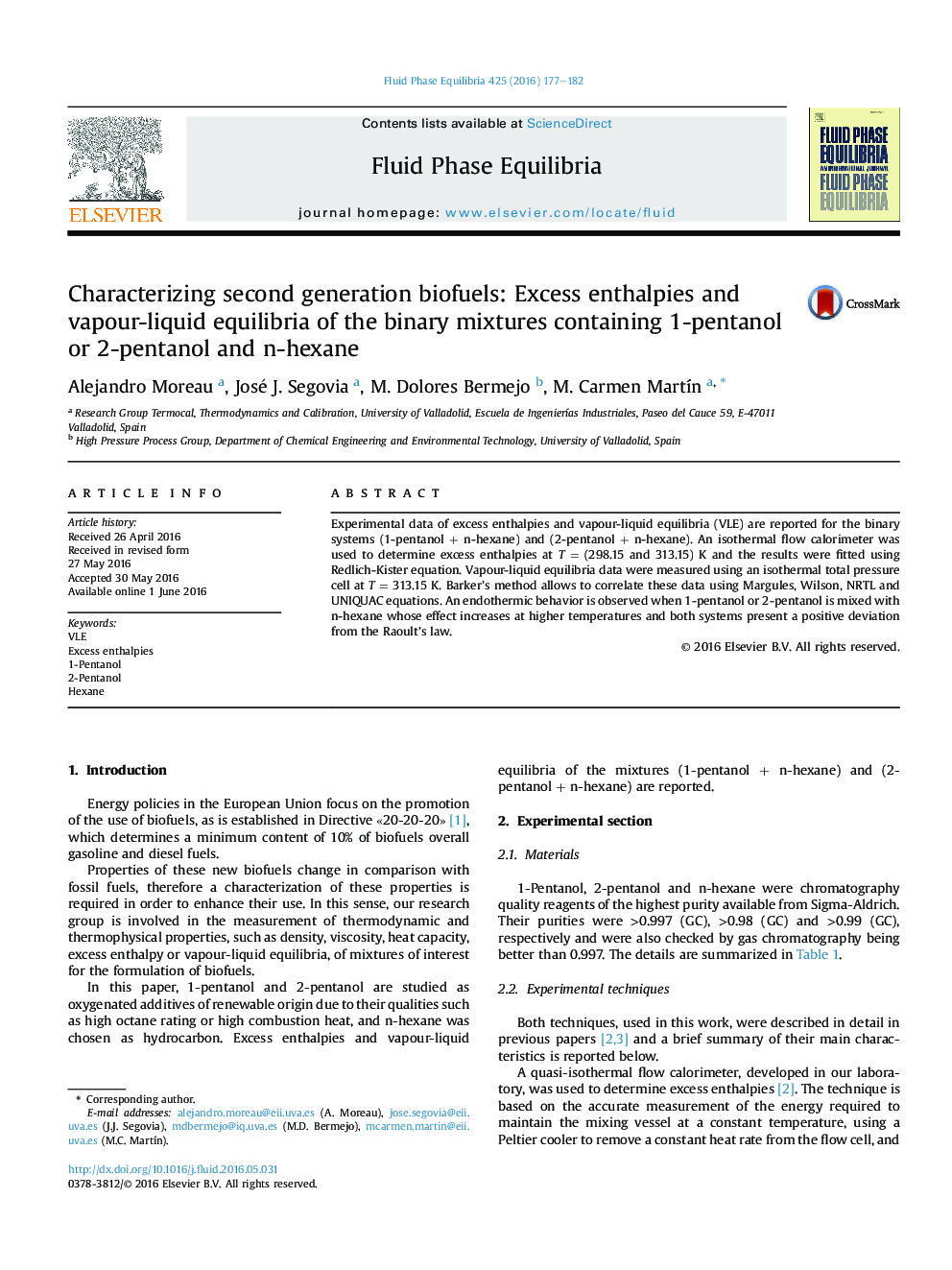 Characterizing second generation biofuels: Excess enthalpies and vapour-liquid equilibria of the binary mixtures containing 1-pentanol or 2-pentanol and n-hexane