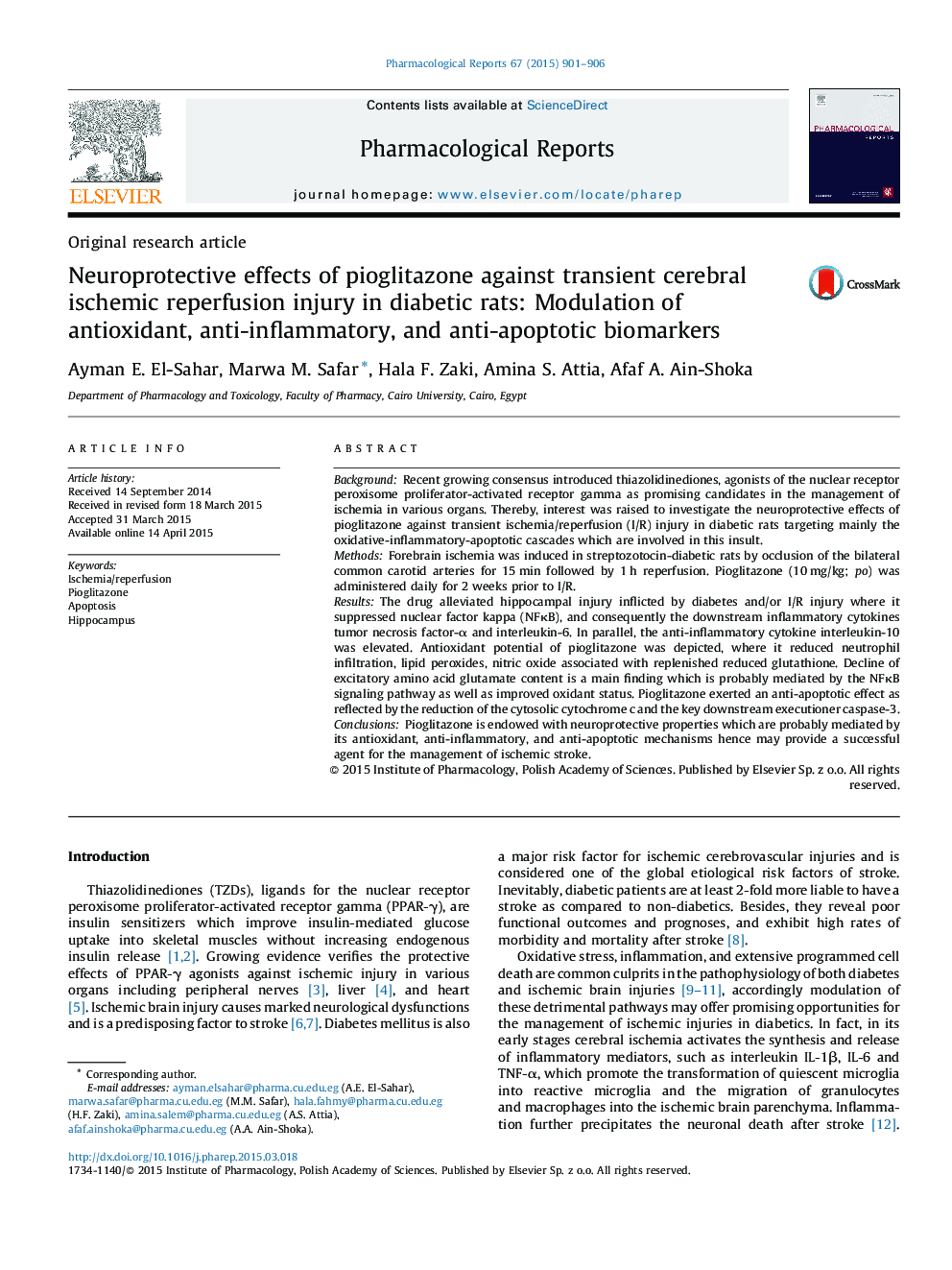 Neuroprotective effects of pioglitazone against transient cerebral ischemic reperfusion injury in diabetic rats: Modulation of antioxidant, anti-inflammatory, and anti-apoptotic biomarkers