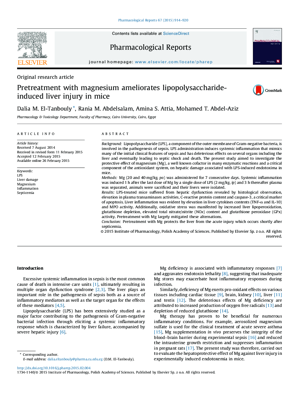 Pretreatment with magnesium ameliorates lipopolysaccharide-induced liver injury in mice