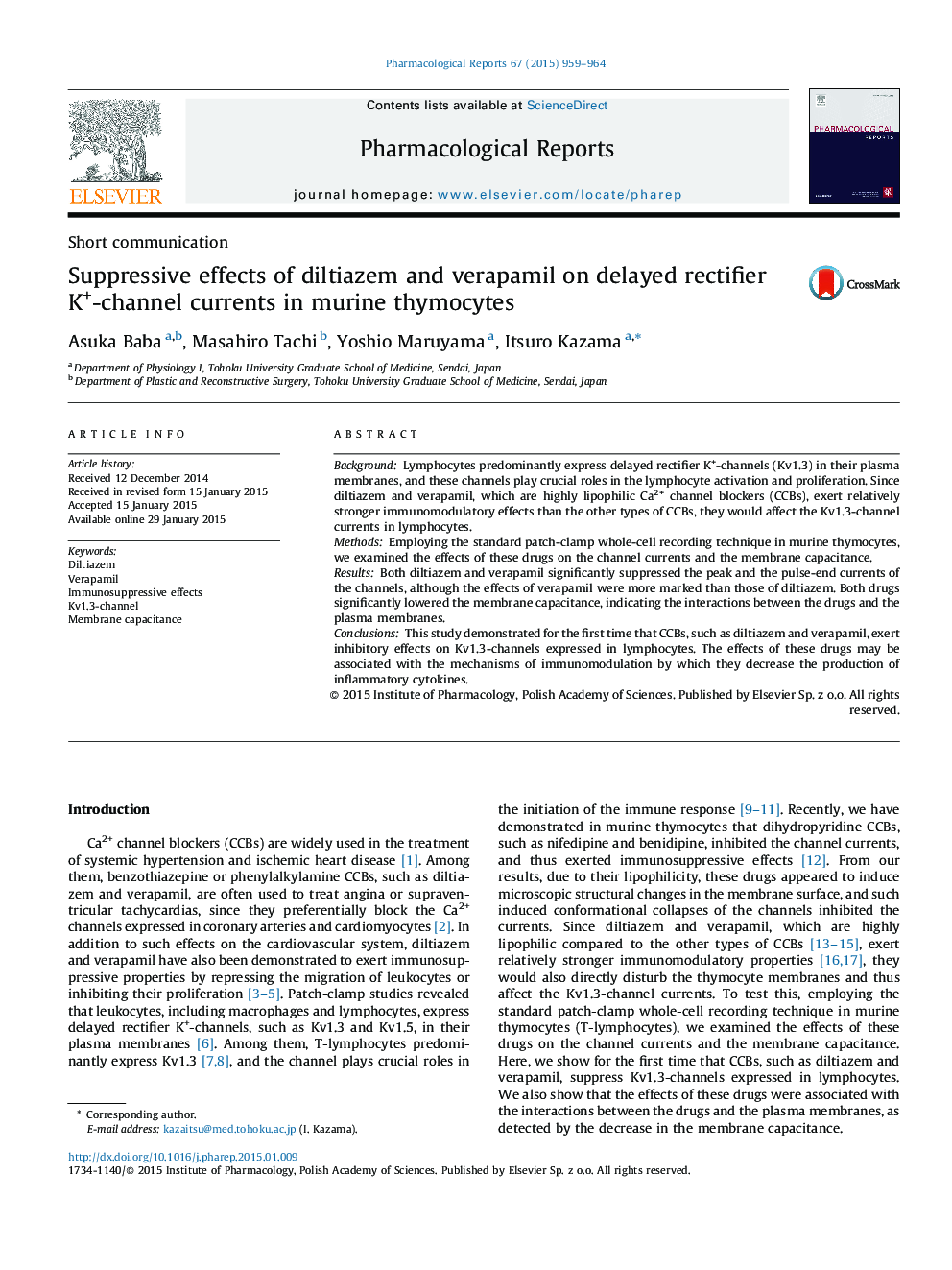 Suppressive effects of diltiazem and verapamil on delayed rectifier K+-channel currents in murine thymocytes