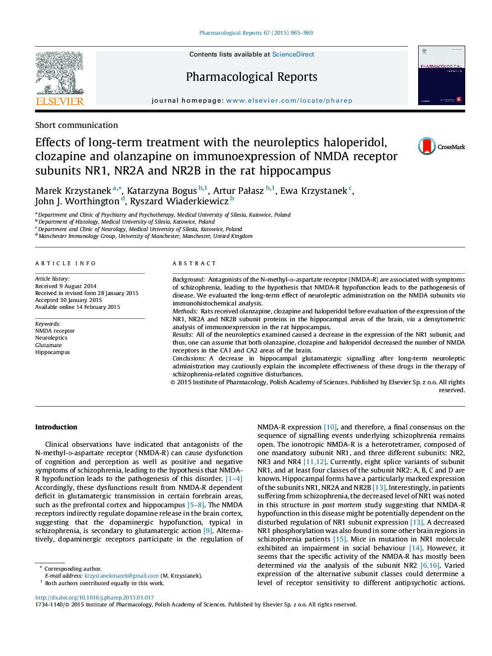 Effects of long-term treatment with the neuroleptics haloperidol, clozapine and olanzapine on immunoexpression of NMDA receptor subunits NR1, NR2A and NR2B in the rat hippocampus