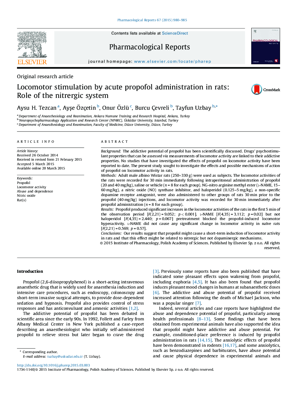 Locomotor stimulation by acute propofol administration in rats: Role of the nitrergic system