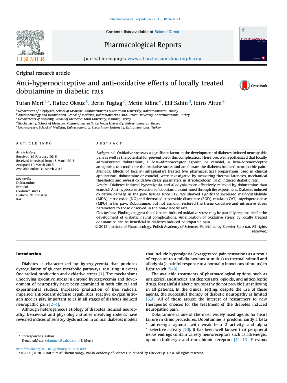 Anti-hypernociceptive and anti-oxidative effects of locally treated dobutamine in diabetic rats