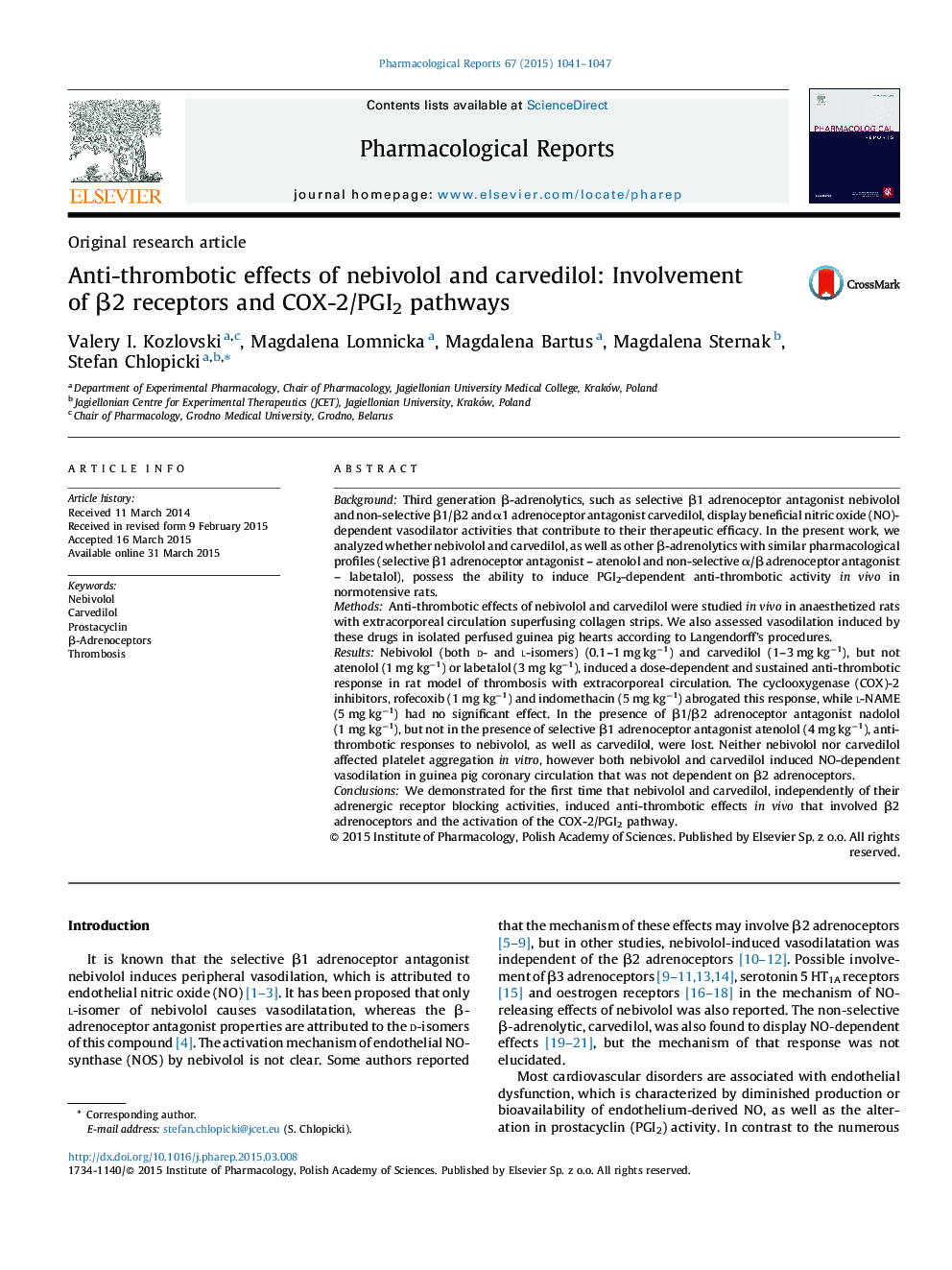 Anti-thrombotic effects of nebivolol and carvedilol: Involvement of β2 receptors and COX-2/PGI2 pathways