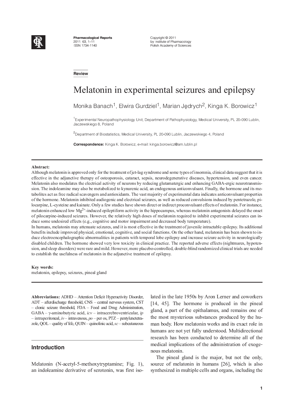 Melatonin in experimental seizures and epilepsy