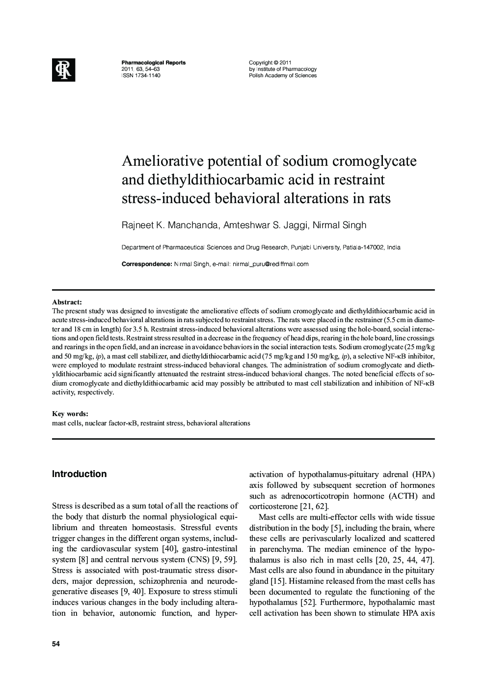 Ameliorative potential of sodium cromoglycate and diethyldithiocarbamic acid in restraint stress-induced behavioral alterations in rats