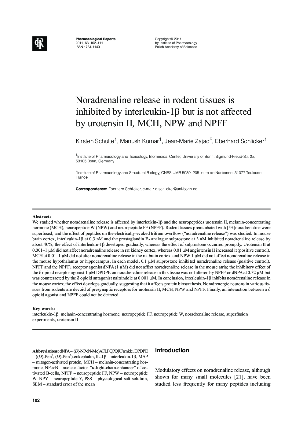 Noradrenaline release in rodent tissues is inhibited by interleukin-1β but is not affected by urotensin II, MCH, NPW and NPFF