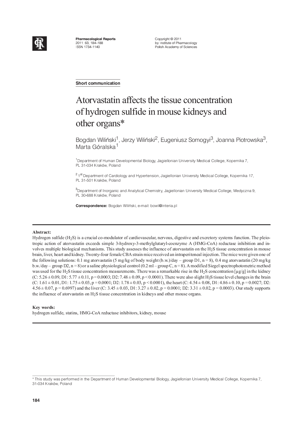 Atorvastatin affects the tissue concentration of hydrogen sulfide inmouse kidneys and other organs**