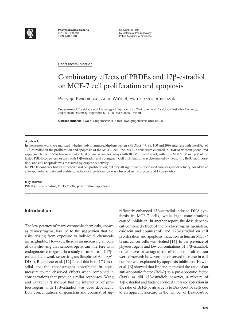 Combinatory effects of PBDEs and 17β-estradiol on MCF-7 cell proliferation and apoptosis