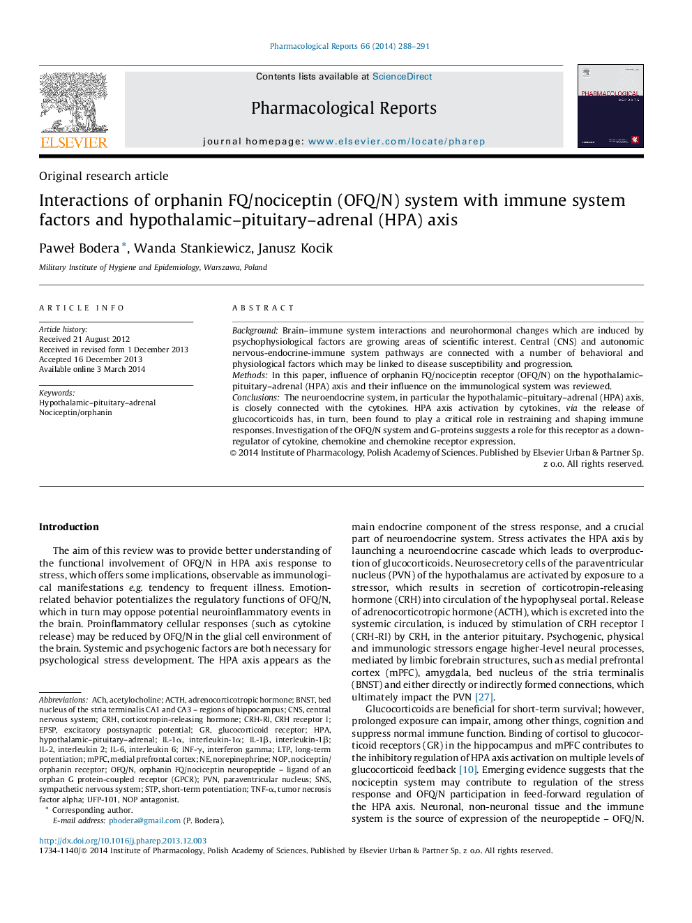 Interactions of orphanin FQ/nociceptin (OFQ/N) system with immune system factors and hypothalamic–pituitary–adrenal (HPA) axis