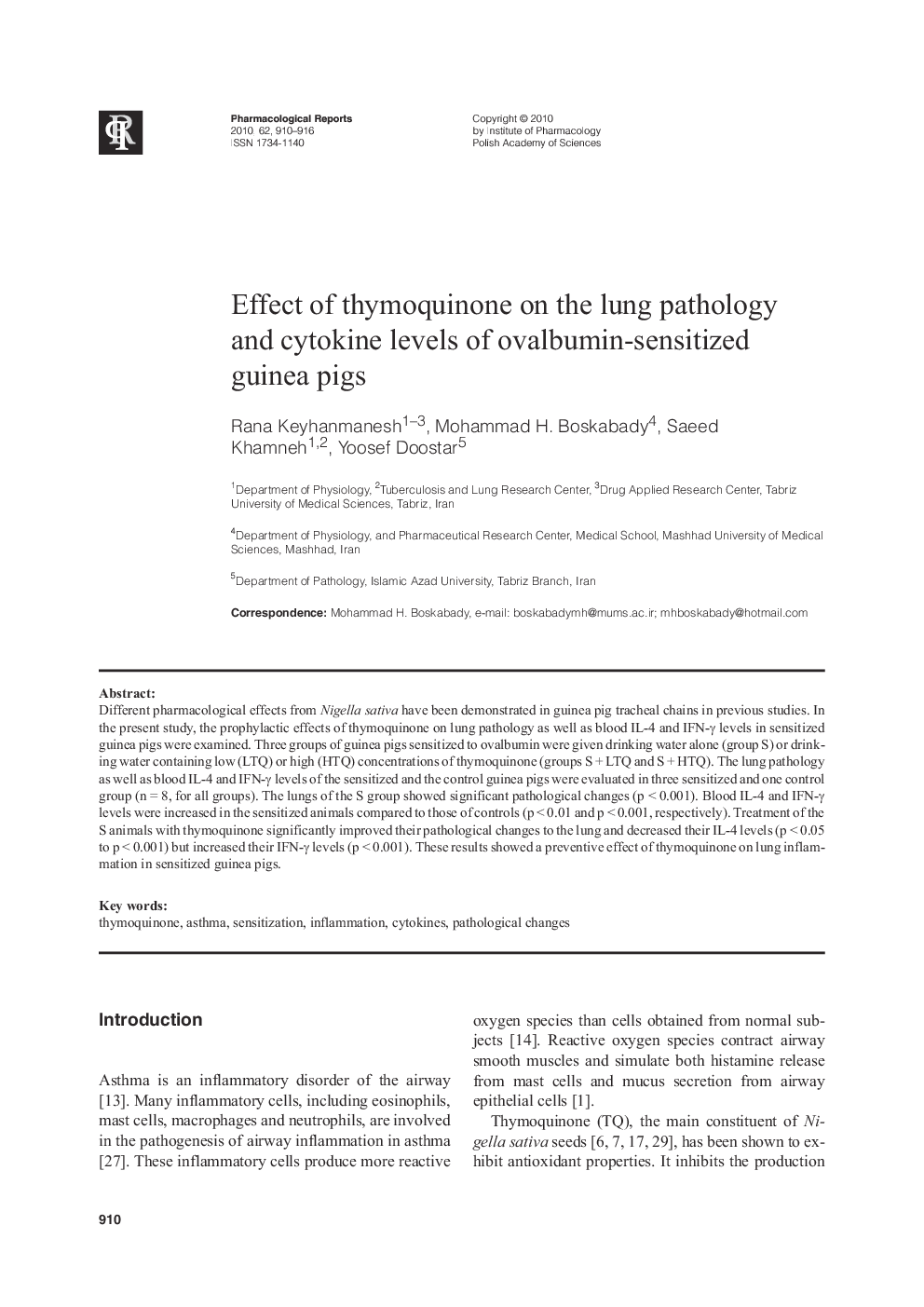 Effect of thymoquinone on the lung pathology and cytokine levels of ovalbumin-sensitized guinea pigs