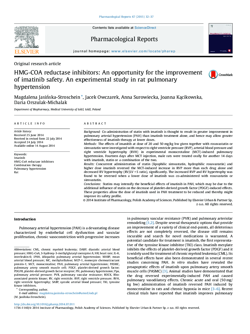 HMG-COA reductase inhibitors: An opportunity for the improvement of imatinib safety. An experimental study in rat pulmonary hypertension