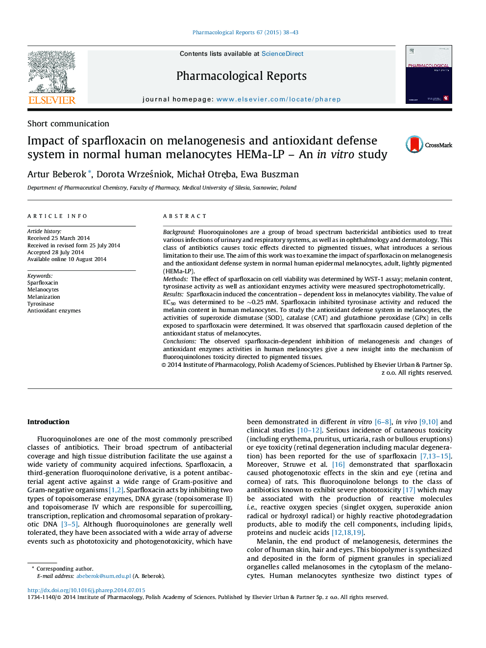 Impact of sparfloxacin on melanogenesis and antioxidant defense system in normal human melanocytes HEMa-LP – An in vitro study