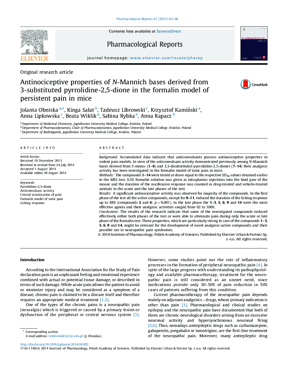 Antinociceptive properties of N-Mannich bases derived from 3-substituted pyrrolidine-2,5-dione in the formalin model of persistent pain in mice