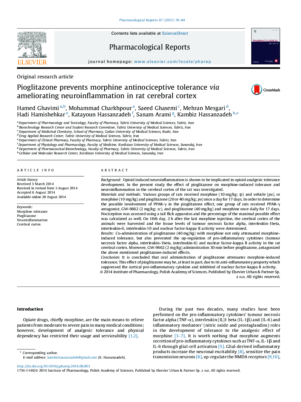 Pioglitazone prevents morphine antinociceptive tolerance via ameliorating neuroinflammation in rat cerebral cortex