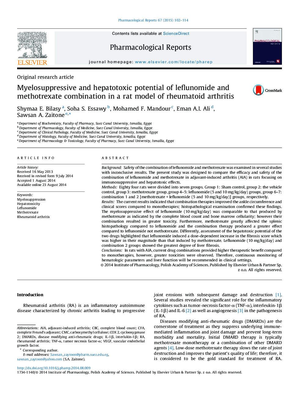 Myelosuppressive and hepatotoxic potential of leflunomide and methotrexate combination in a rat model of rheumatoid arthritis