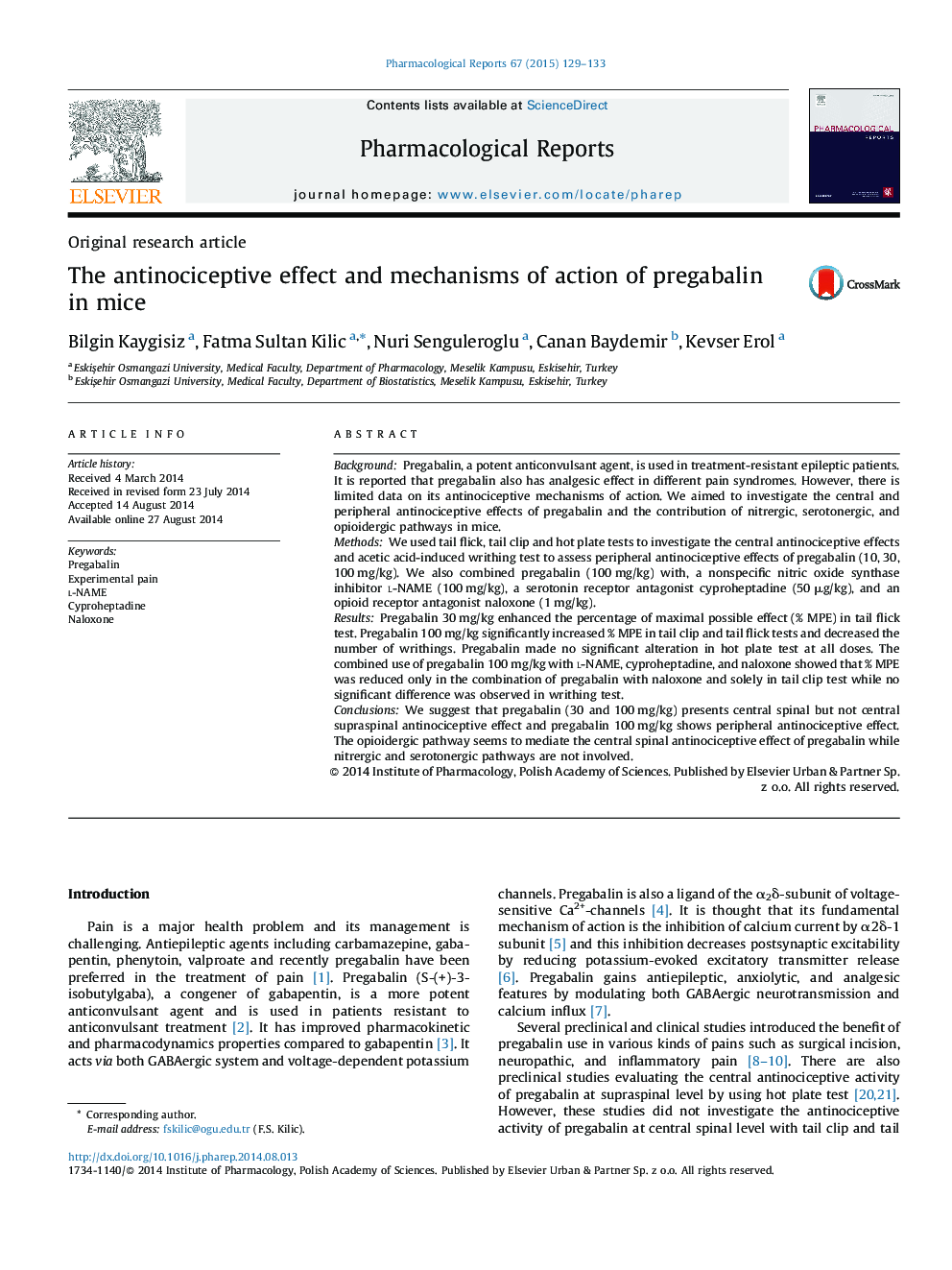 The antinociceptive effect and mechanisms of action of pregabalin in mice