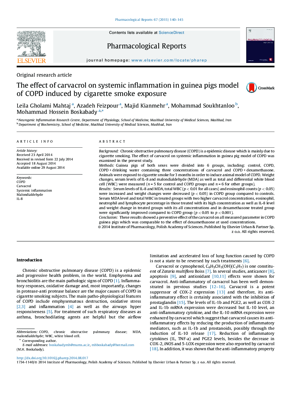 The effect of carvacrol on systemic inflammation in guinea pigs model of COPD induced by cigarette smoke exposure