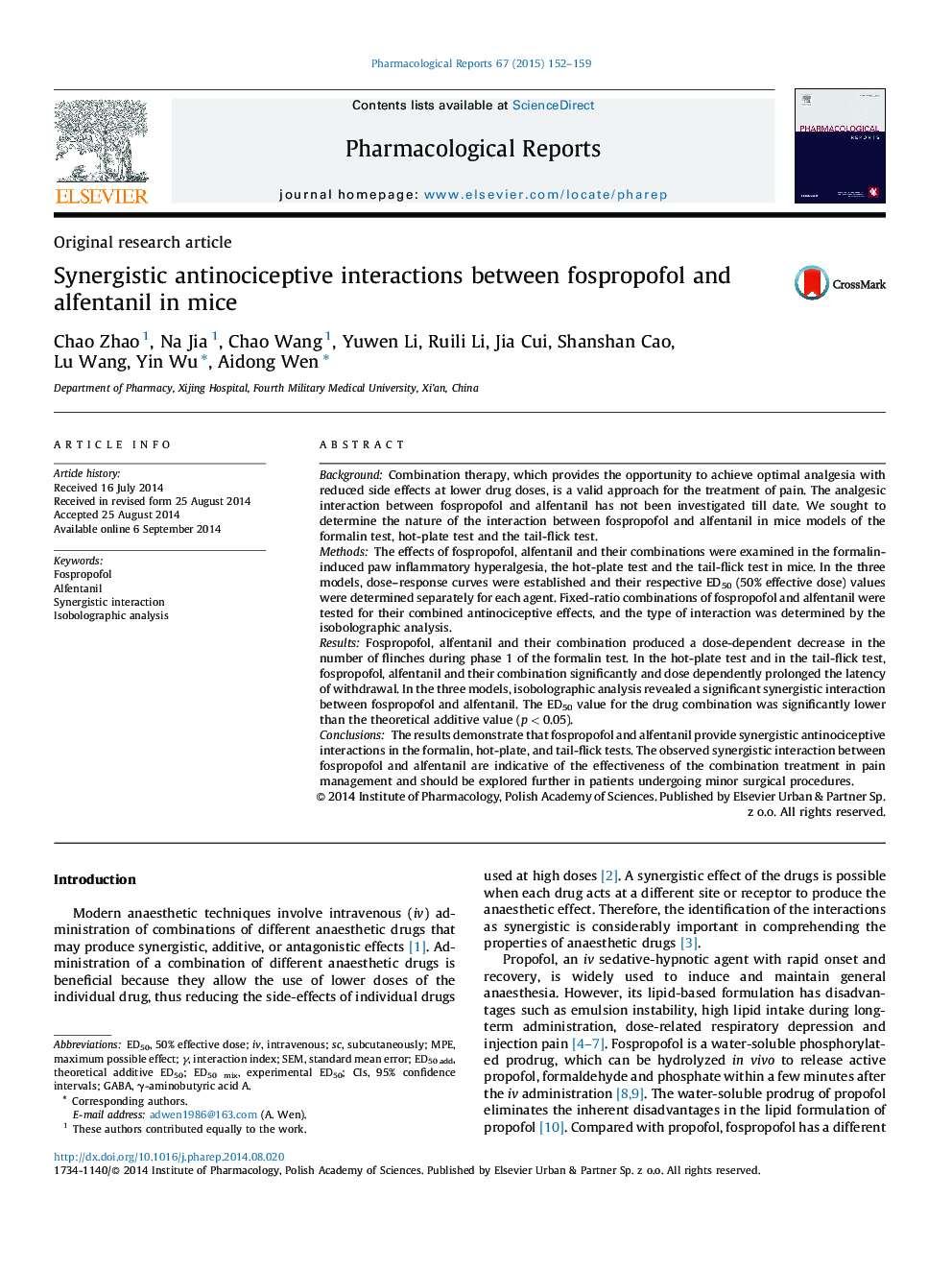 Synergistic antinociceptive interactions between fospropofol and alfentanil in mice