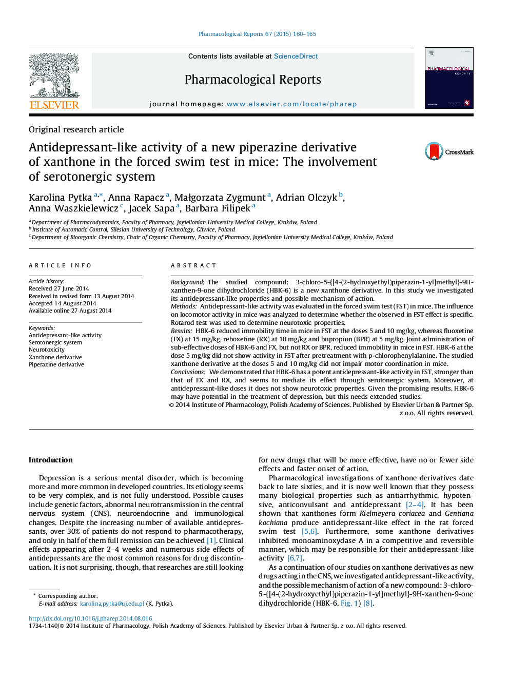 Antidepressant-like activity of a new piperazine derivative of xanthone in the forced swim test in mice: The involvement of serotonergic system