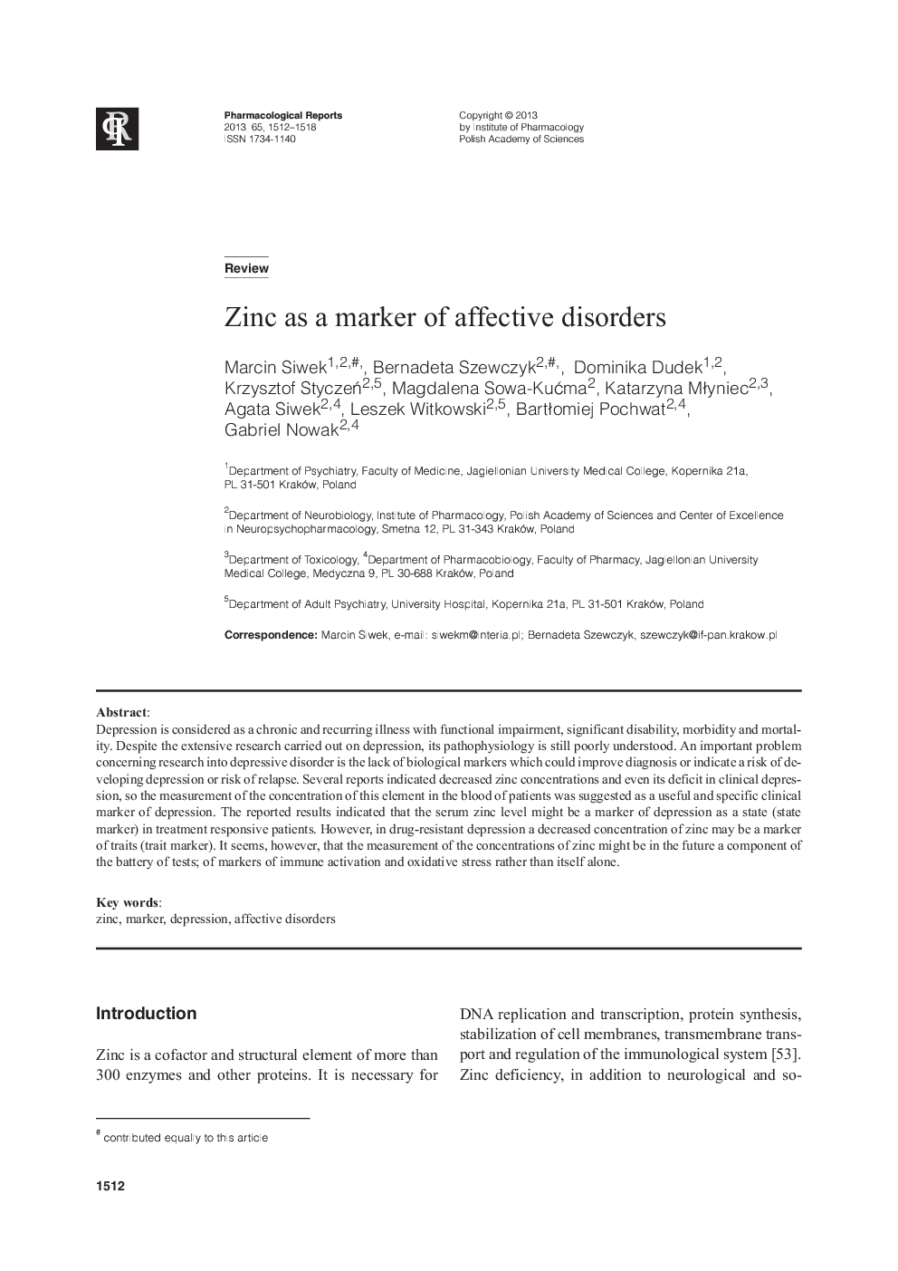 Zinc as a marker of affective disorders