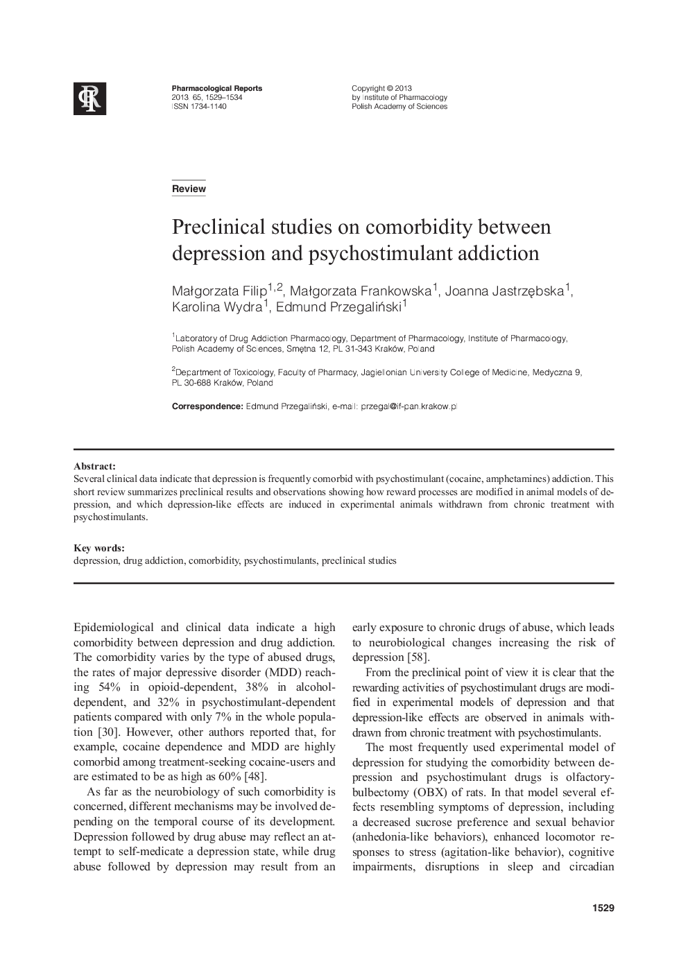 Preclinical studies on comorbidity between depression and psychostimulant addiction