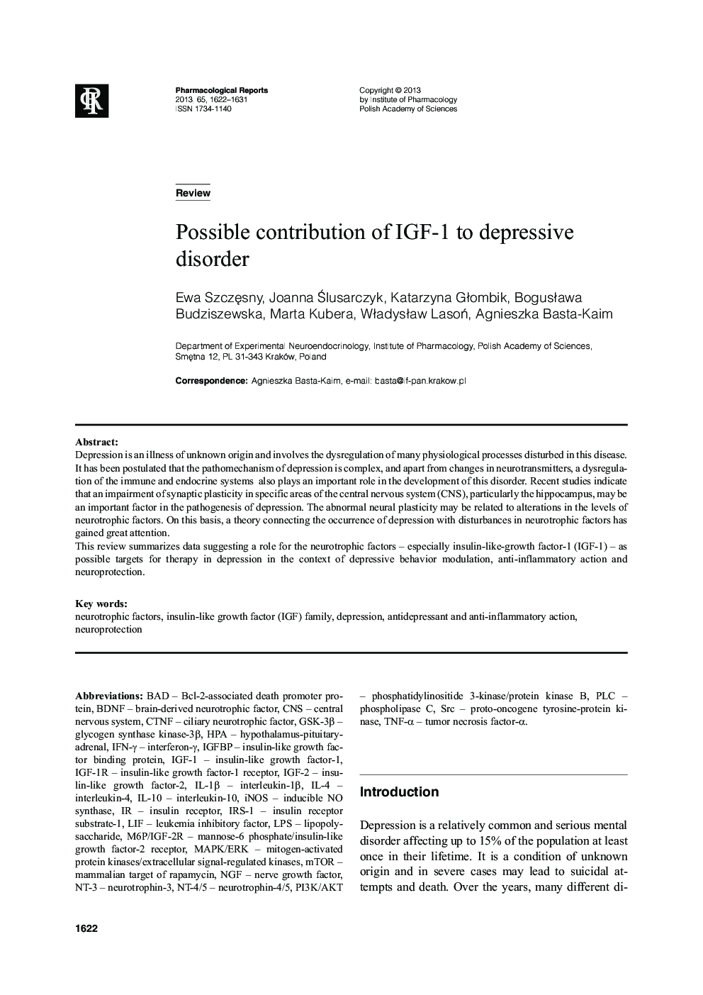 Possible contribution of IGF-1 to depressive disorder
