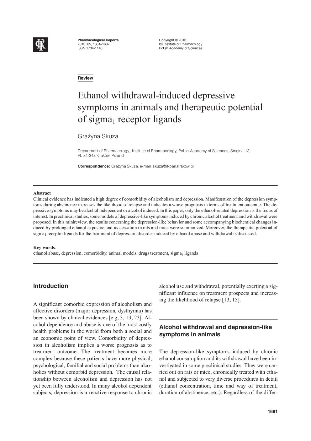 عکس صفحه اول مقاله: Ethanol withdrawal-induced depressive symptoms in animals and therapeutic potential of sigma1 receptor ligands Ethanol withdrawal-induced depressive symptoms in animals and therapeutic potential of sigma1 receptor ligands