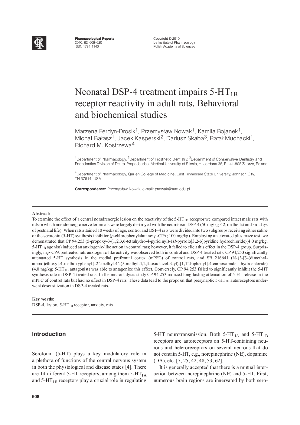 Neonatal DSP-4 treatment impairs 5-HT1B receptor reactivity in adult rats. Behavioral and biochemical studies