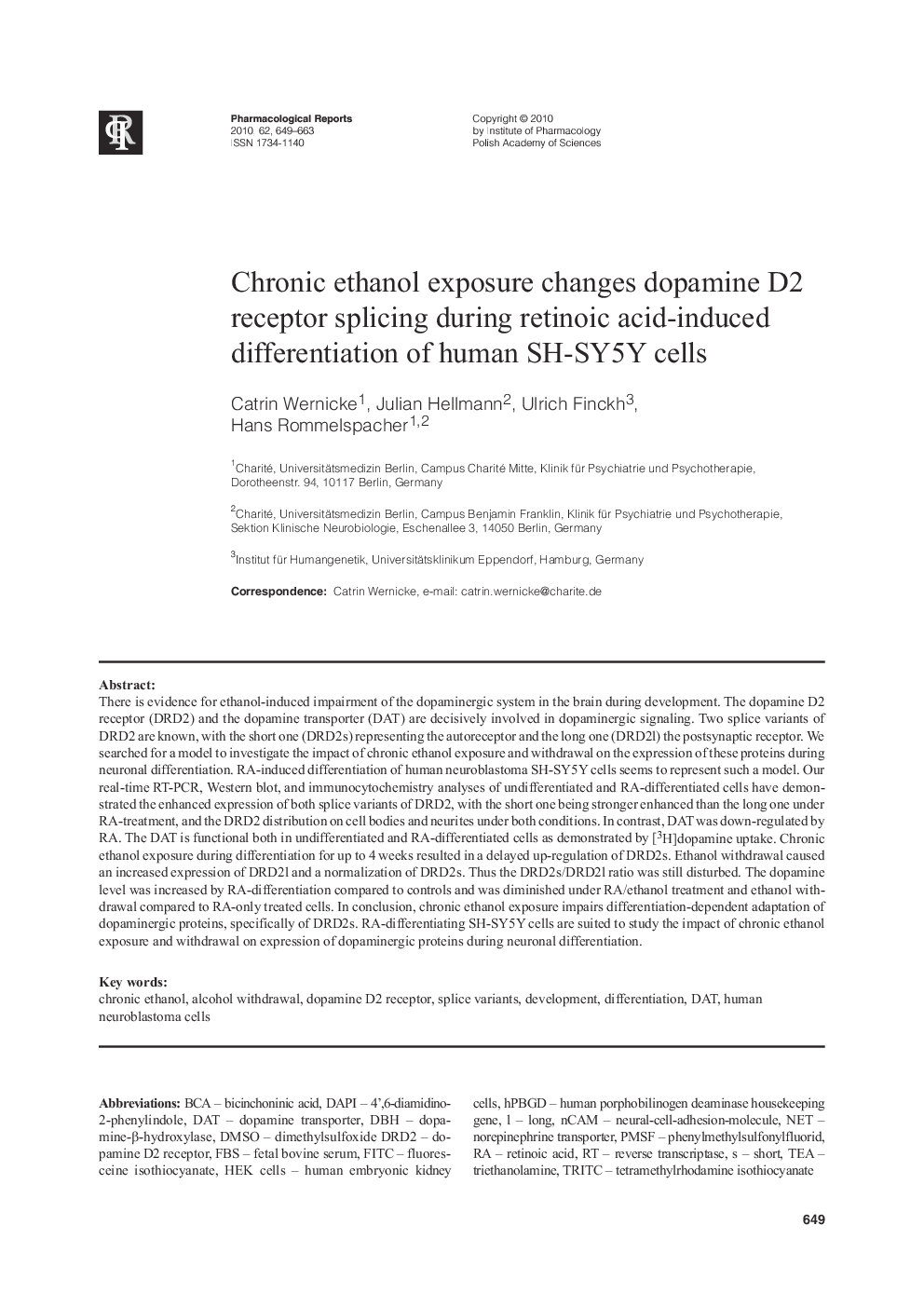 Chronic ethanol exposure changes dopamine D2 receptor splicing during retinoic acid-induced differentiation of human SH-SY5Y cells