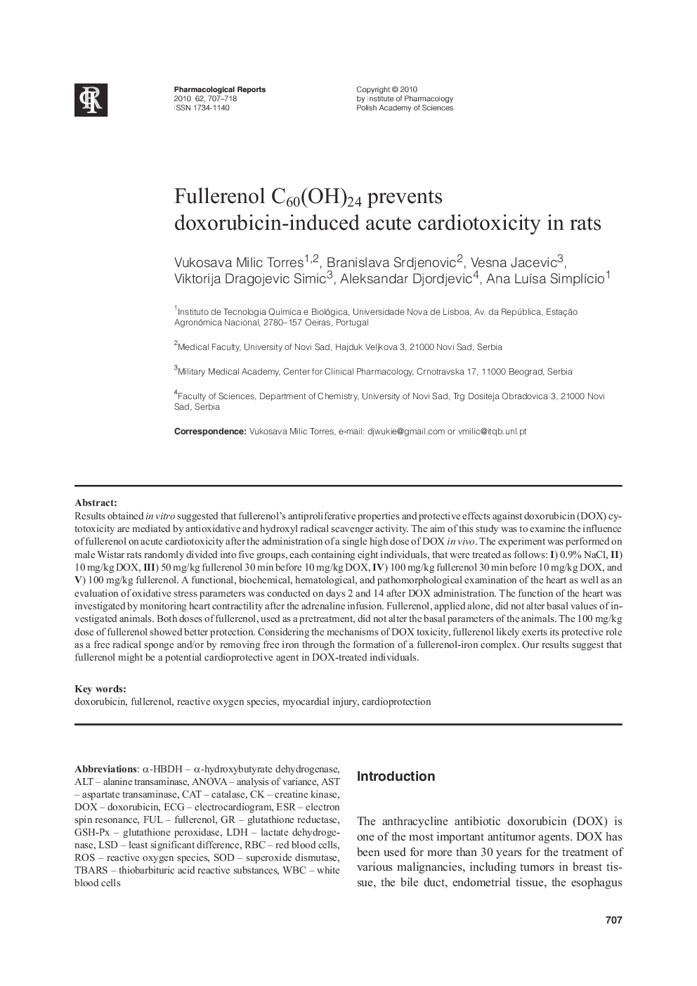 Fullerenol C60(OH)24 prevents doxorubicin-induced acute cardiotoxicity in rats