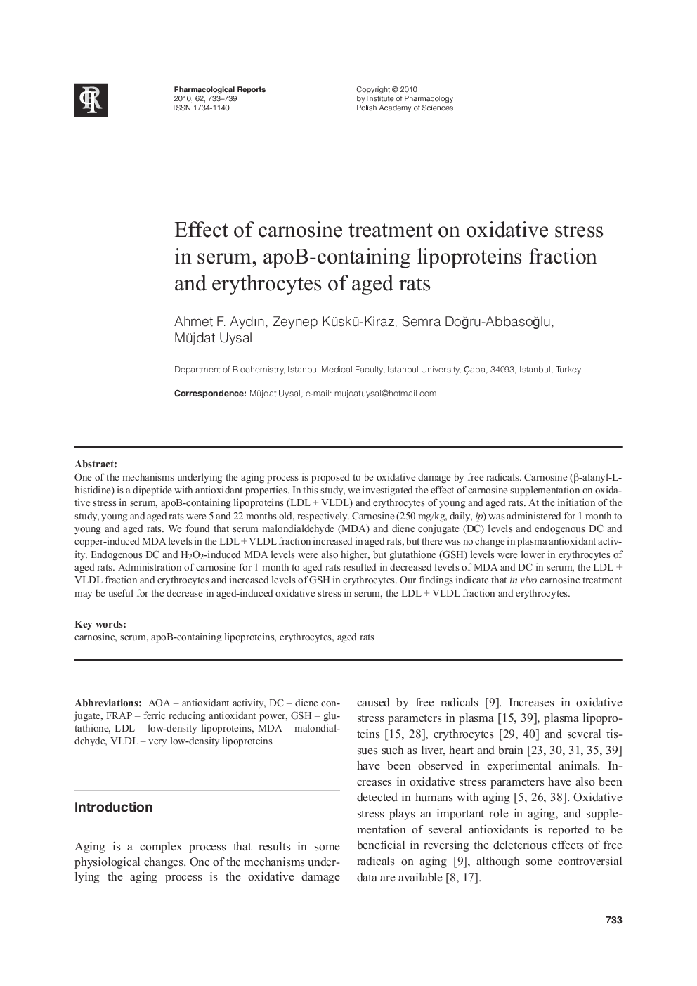 Effect of carnosine treatment on oxidative stress in serum, apoB-containing lipoproteins fraction and erythrocytes of aged rats