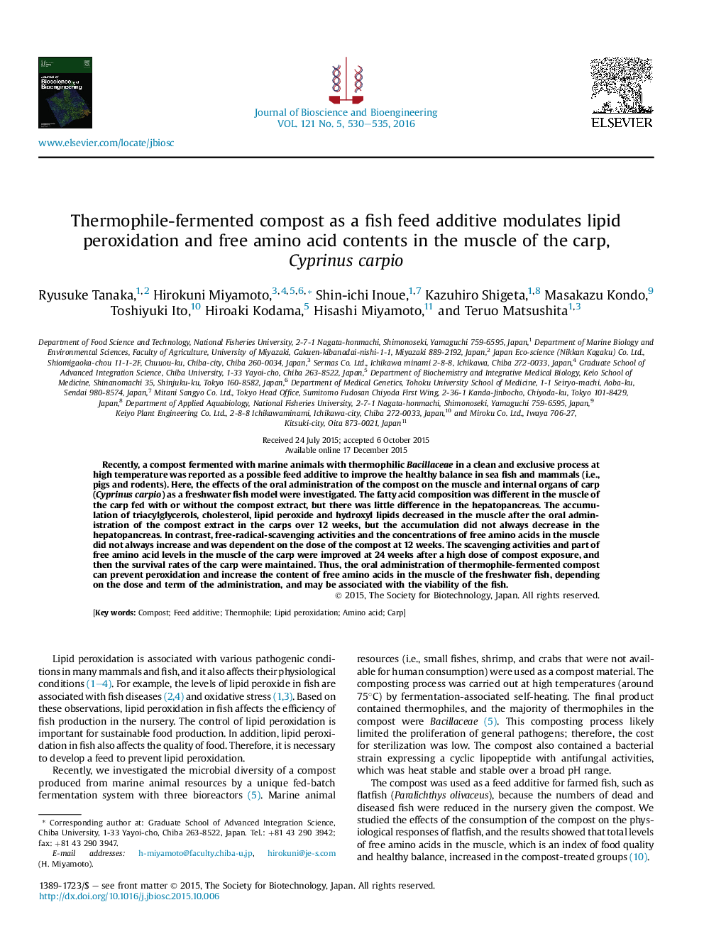 کمپوست تخمیر ترموکوئیل به عنوان یک افزودنی تغذیه ماهی، پراکسیداسیون لیپید و محتوای آزاد آمینو اسید آزاد در ماهیچه کپور، Cyprinus carpio