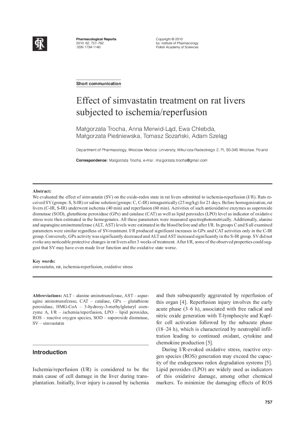 Effect of simvastatin treatment on rat livers subjected to ischemia/reperfusion