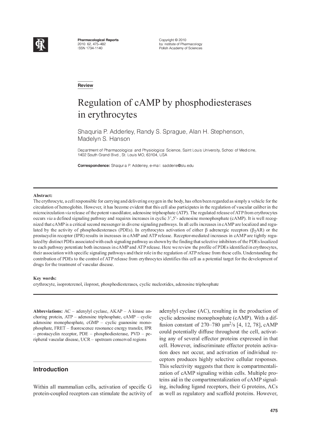 Regulation of cAMP by phosphodiesterases in erythrocytes