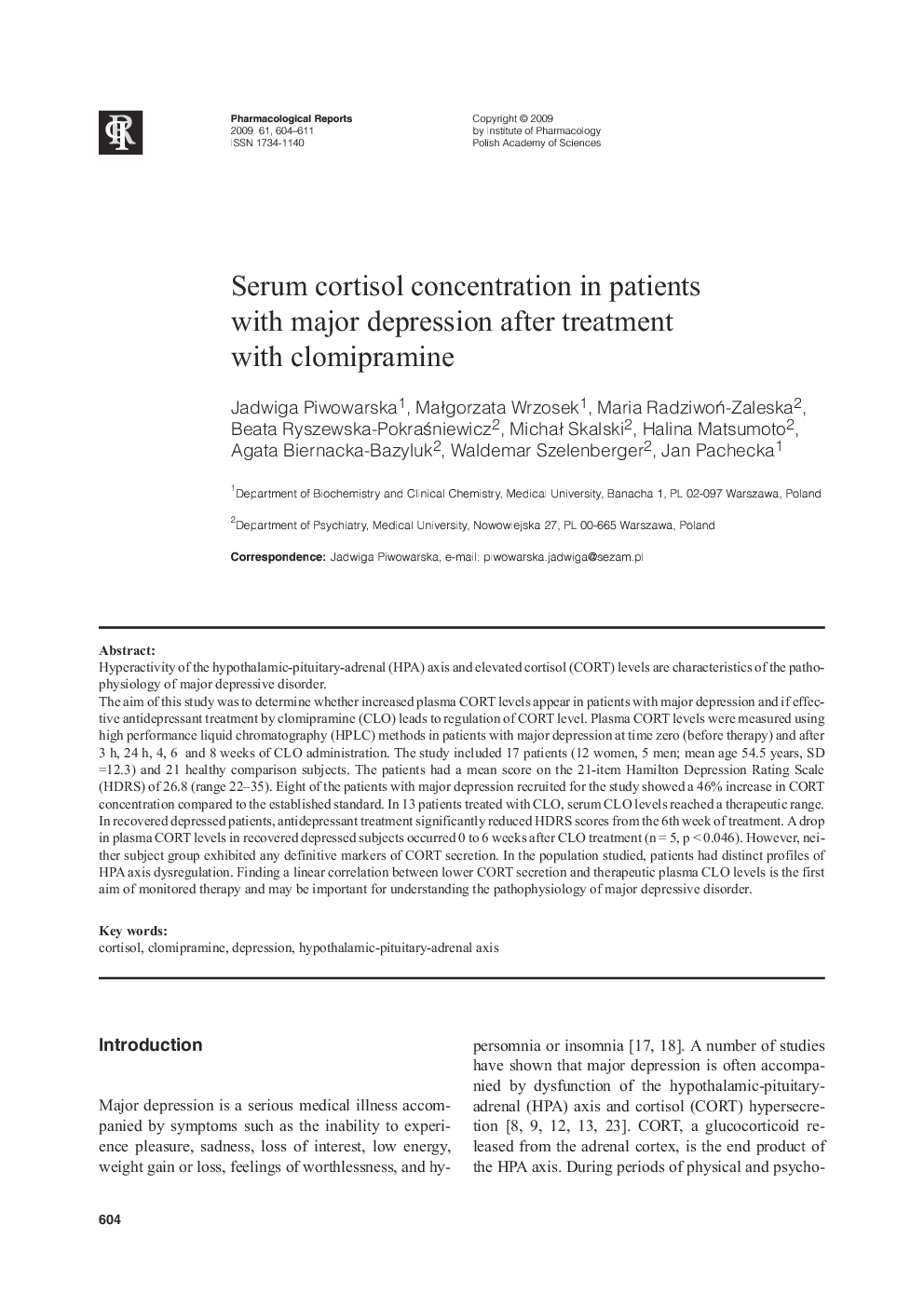 Serum cortisol concentration in patients with major depression after treatment with clomipramine