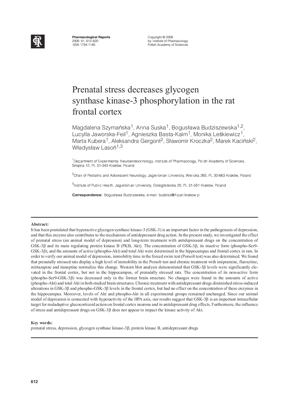 Prenatal stress decreases glycogen synthase kinase-3 phosphorylation in the rat frontal cortex