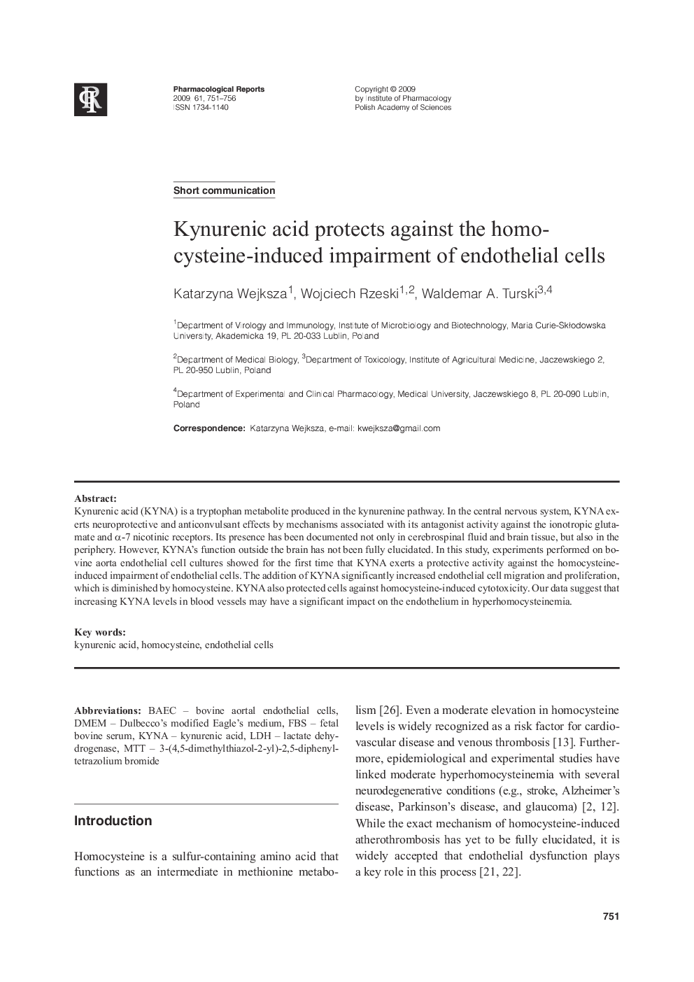عکس صفحه اول مقاله: Kynurenic acid protects against the homo-cysteine-induced impairment of endothelial cells Kynurenic acid protects against the homo-cysteine-induced impairment of endothelial cells