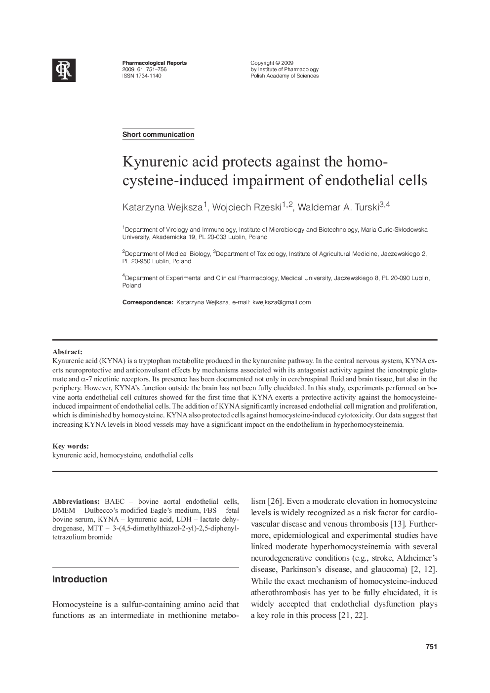 Kynurenic acid protects against the homo-cysteine-induced impairment of endothelial cells