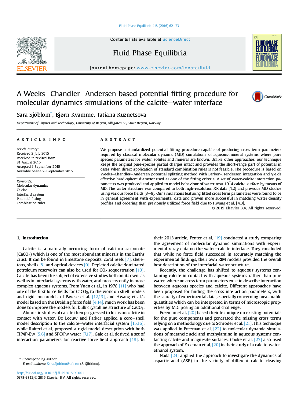 A Weeks–Chandler–Andersen based potential fitting procedure for molecular dynamics simulations of the calcite–water interface